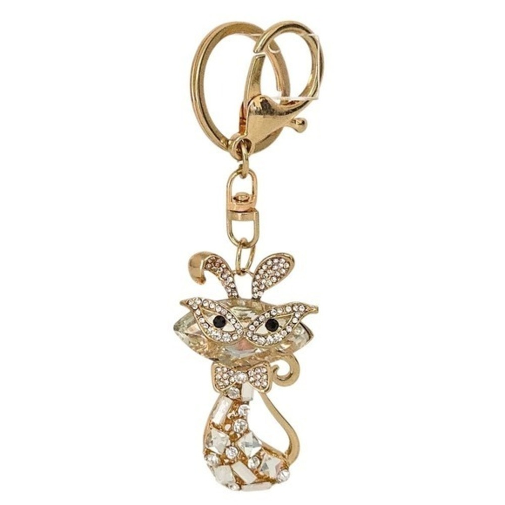 Cat with Glasses Gold & Rhinestone Whimsical Keychain / Purse Charm